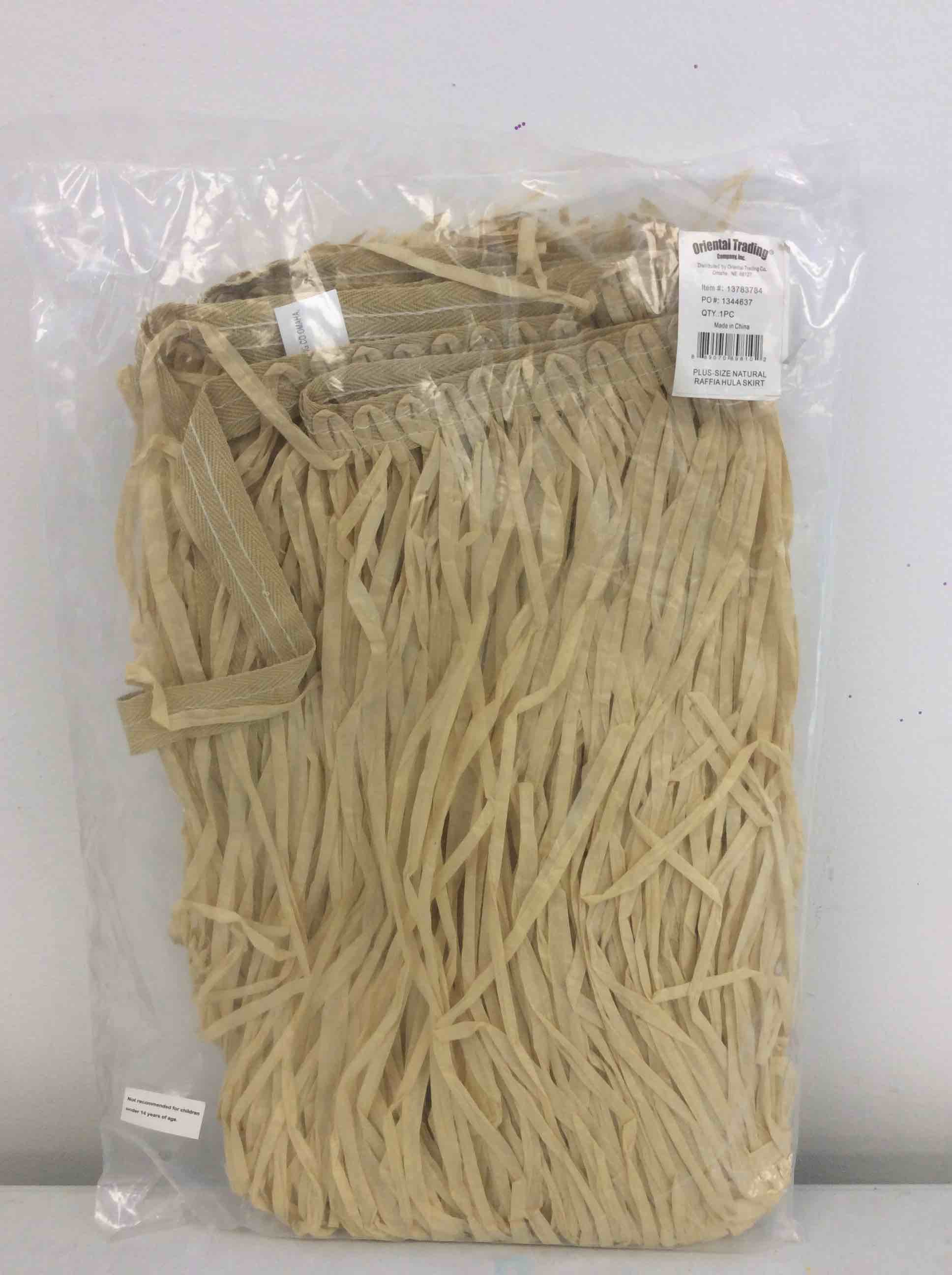 Condition photo showing New/Like New for adult brown plus-size raffia hula skirt - 54" x 30" (1 count) - perfect for hawaiian-themed occasions