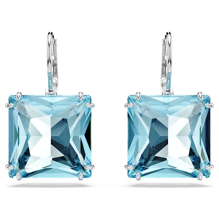 Genuine Swarovski Millenia drop earrings Square cut, Blue, Rhodium plated