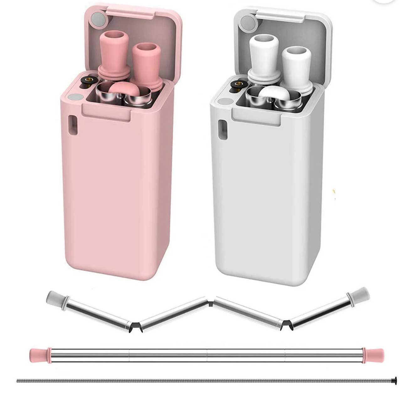 Reusable Collapsible Metal Straws with Case - 9 Inch Foldable Iridescent Stainless Steel Portable Travel Straws w/ Black Silicone Drinking Straw Tip (2pk)