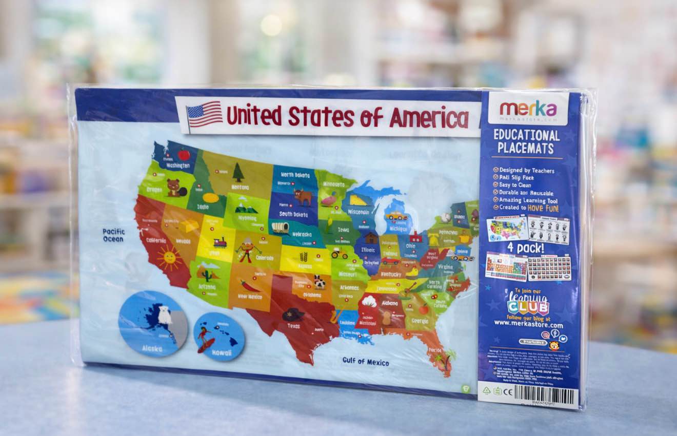 merka Kids Placemats Set of 4-17 x 11 in, Silicone - Periodic Table Placemats for Kids, US Presidents Placemat & US Map Placemat