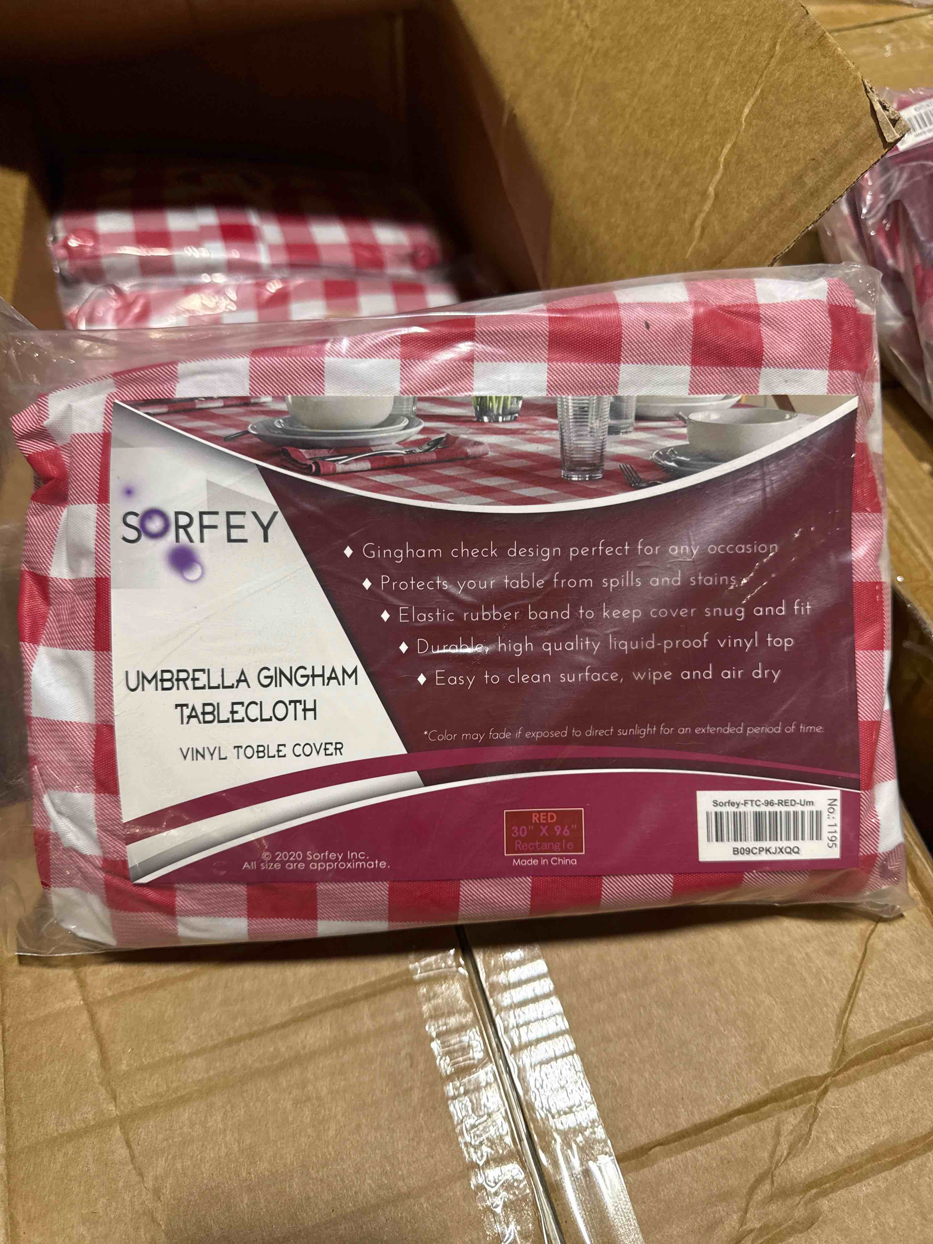 Condition photo showing New/Like New for sorfey vinyl umbrella rectangle fitted tablecloth cover, checkered design, flannel backed lining 30x96 inch, red