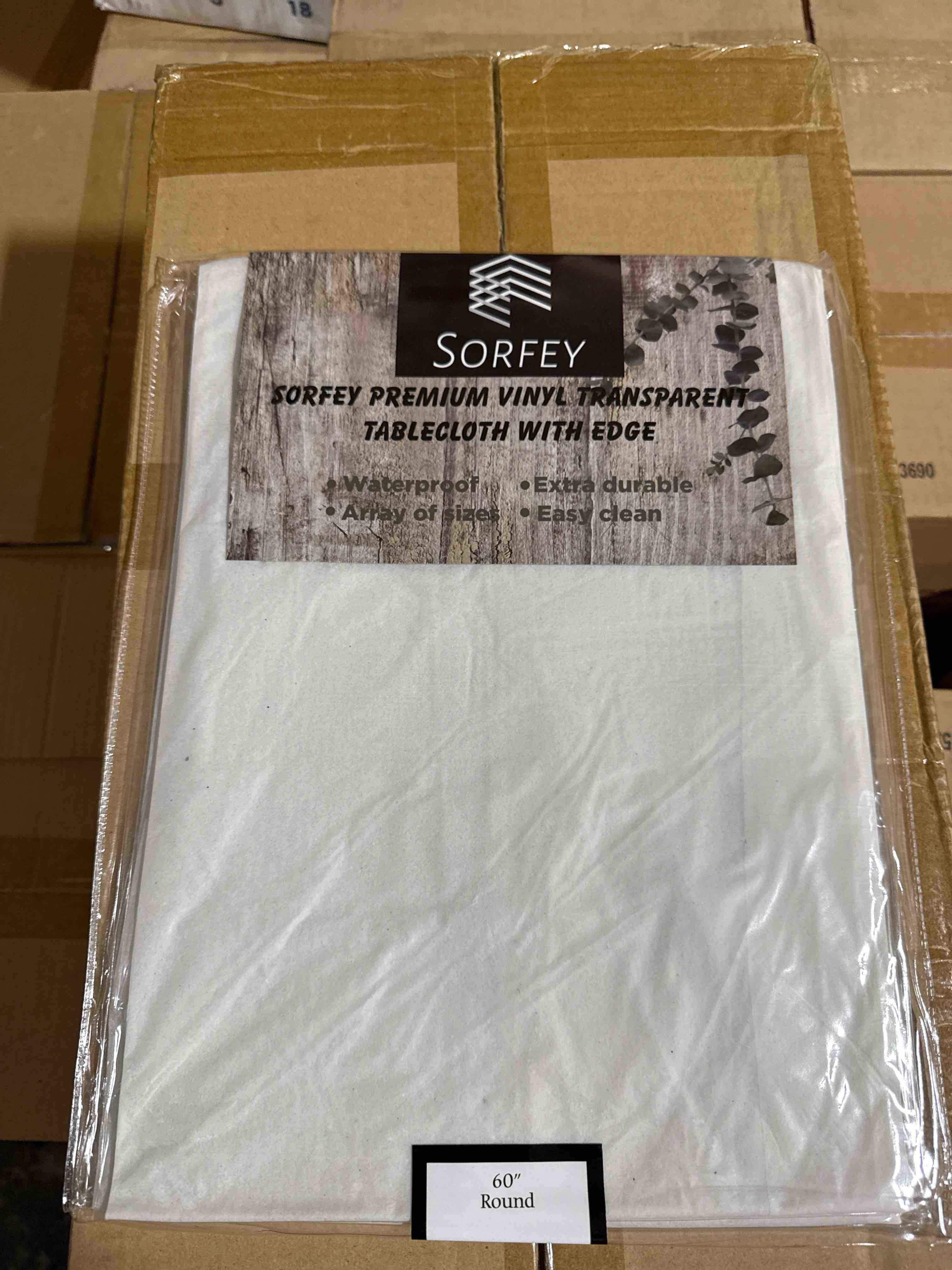 Condition photo showing New/Like New for sorfey premium vinyl transparent tablecloth with edge 60” round 