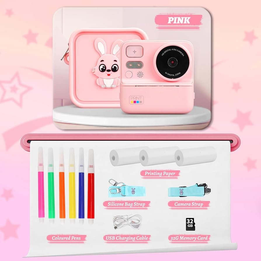 Condition photo showing Brand New for kids camera instant print with silicone cover, dual front and rear digital cameras 