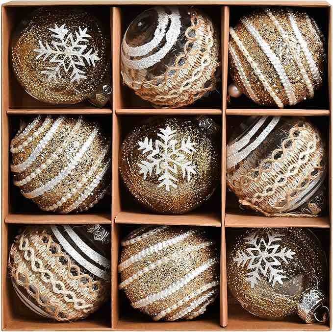 3.15 inch champagne christmas ball ornaments 9 pcs shatterproof plastic hanging balls for xmas tree holiday birthday party decor(white,transparent,brown)