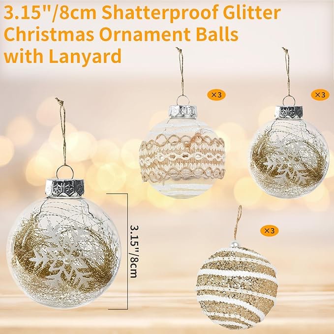 Condition photo showing New/Like New for 3.15 Inch Champagne Christmas Ball Ornaments 9 PCS Shatterproof Plastic Hanging Balls for Xmas Tree Holiday Birthday Party Decor(White,Transparent,Brown)