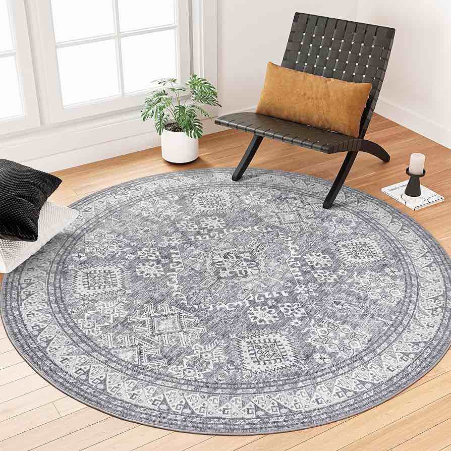 Rugland Round Rug 5Ft - Stain Resistant Washable Rug, Anti Slip Backing Vintage Tribal Area Rugs for Living Room(TPR12-Grey, 5ft)