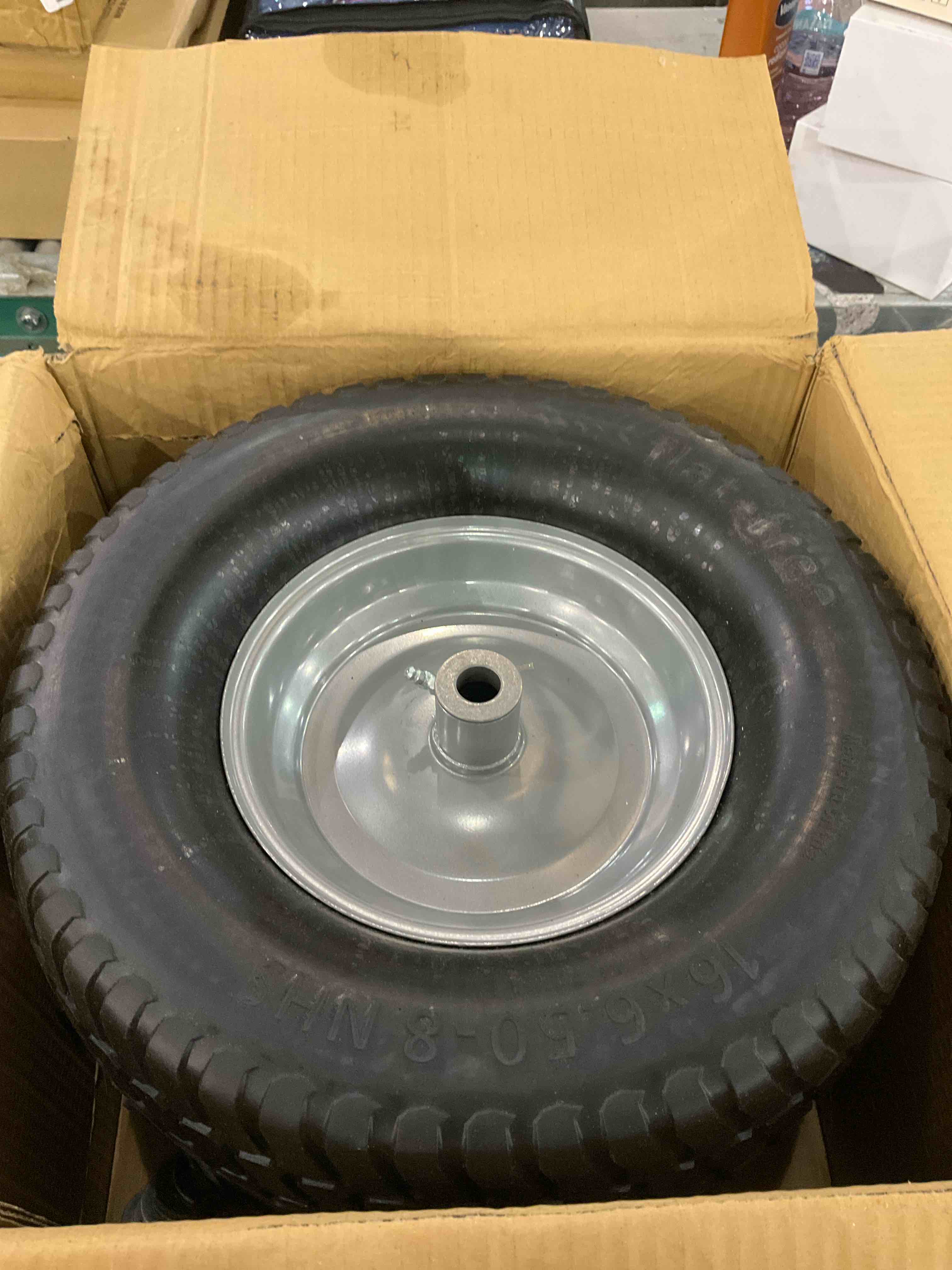 (2-Pack) 16x6.50-8 Tire and Wheel Flat Free - Solid Rubber Riding Lawn Mower Tires and Wheels - With 3" Offset Hub and 3/4" Bushings - 16x6.5-8 Tractor Turf Tire Turf-Friendly 3mm Treads
