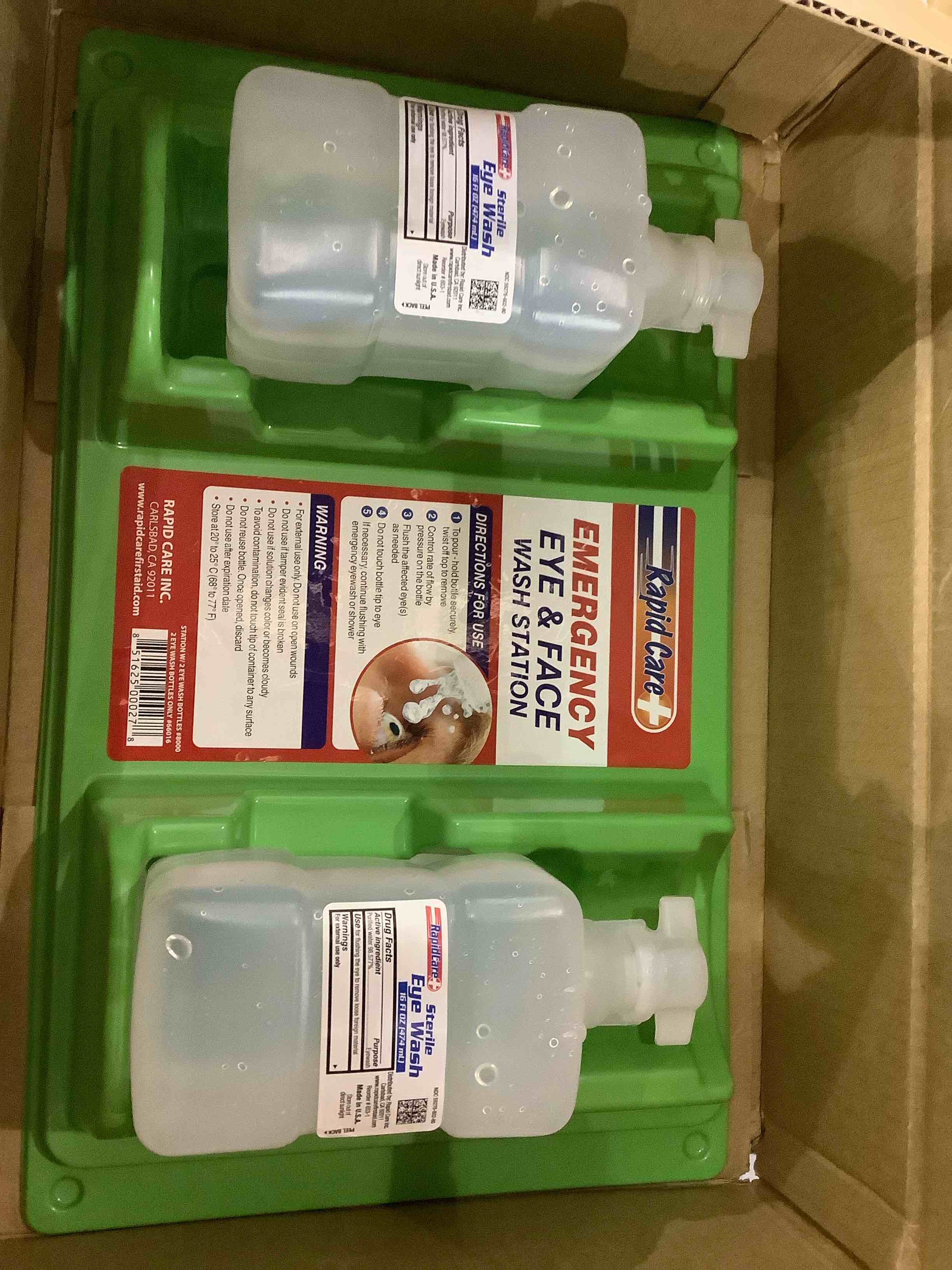 Rapid Care First Aid 8000 Eye Wash Station, FDA Compliant, Wall Mountable, 2 x 16 oz Sterile Isotonic Eye Wash Bottles, 17" x 10 3/8" x 3 1/2"