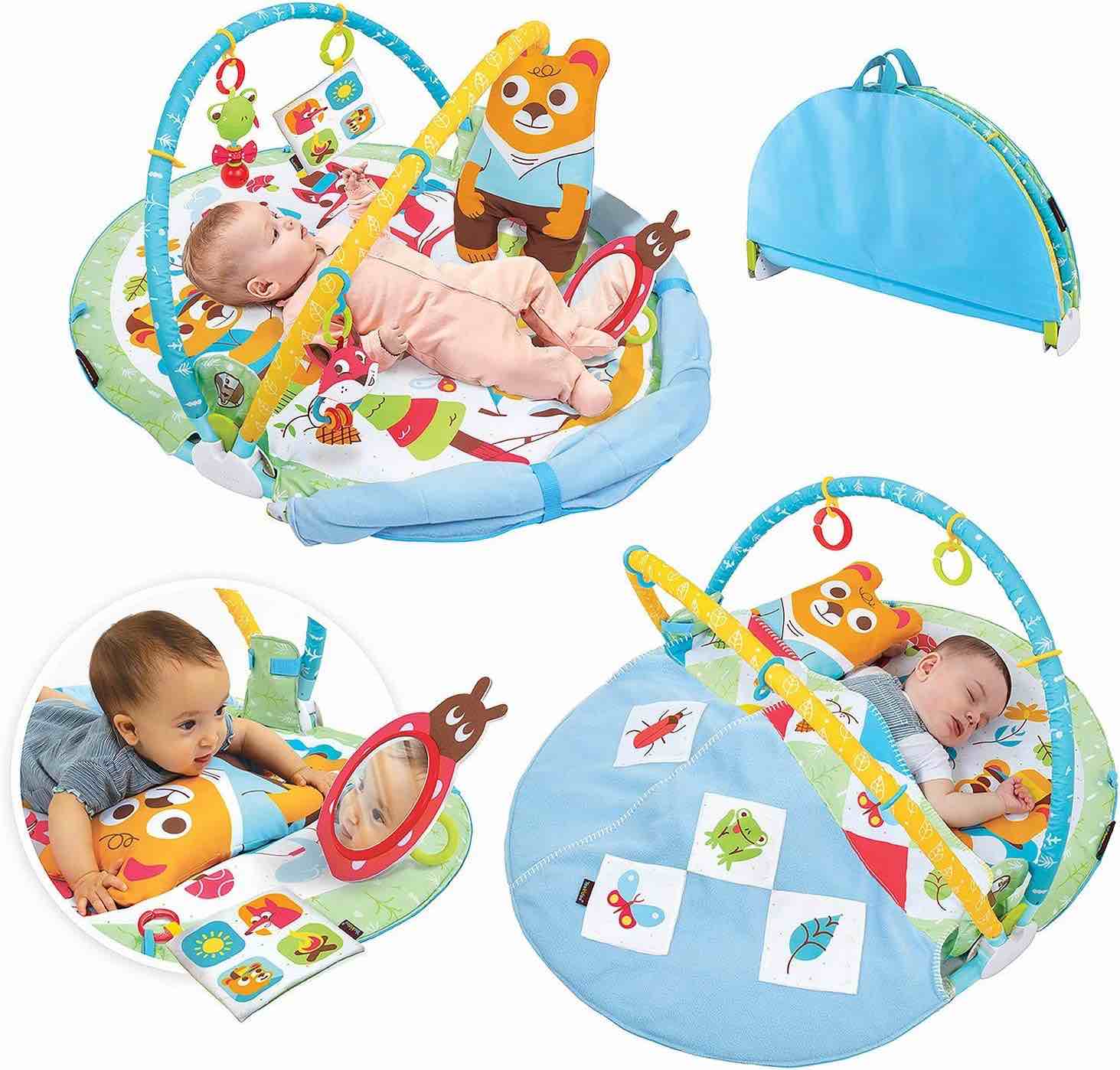 Yookidoo Play 'N’ Nap. 3-in-1 Baby Activity Playmat Gym, Tummy Time Mat, Pillow & Mirror. Foldable Infant Blanket, with Sensory Toys and Newborn Rattle for 0-12 Months.