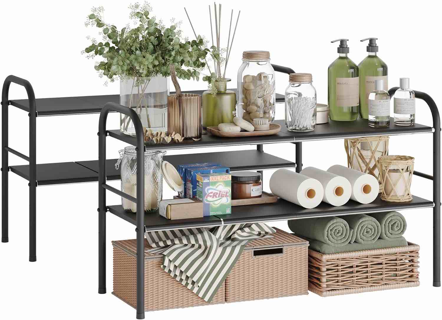 NETEL Under Sink Kitchen Rack,2-Piece Expandable Cabinet Shelf Organizer Rack with Removable Panels for Kitchen Bathroom Storage 2-Tier 8 Carbon Steel Plates