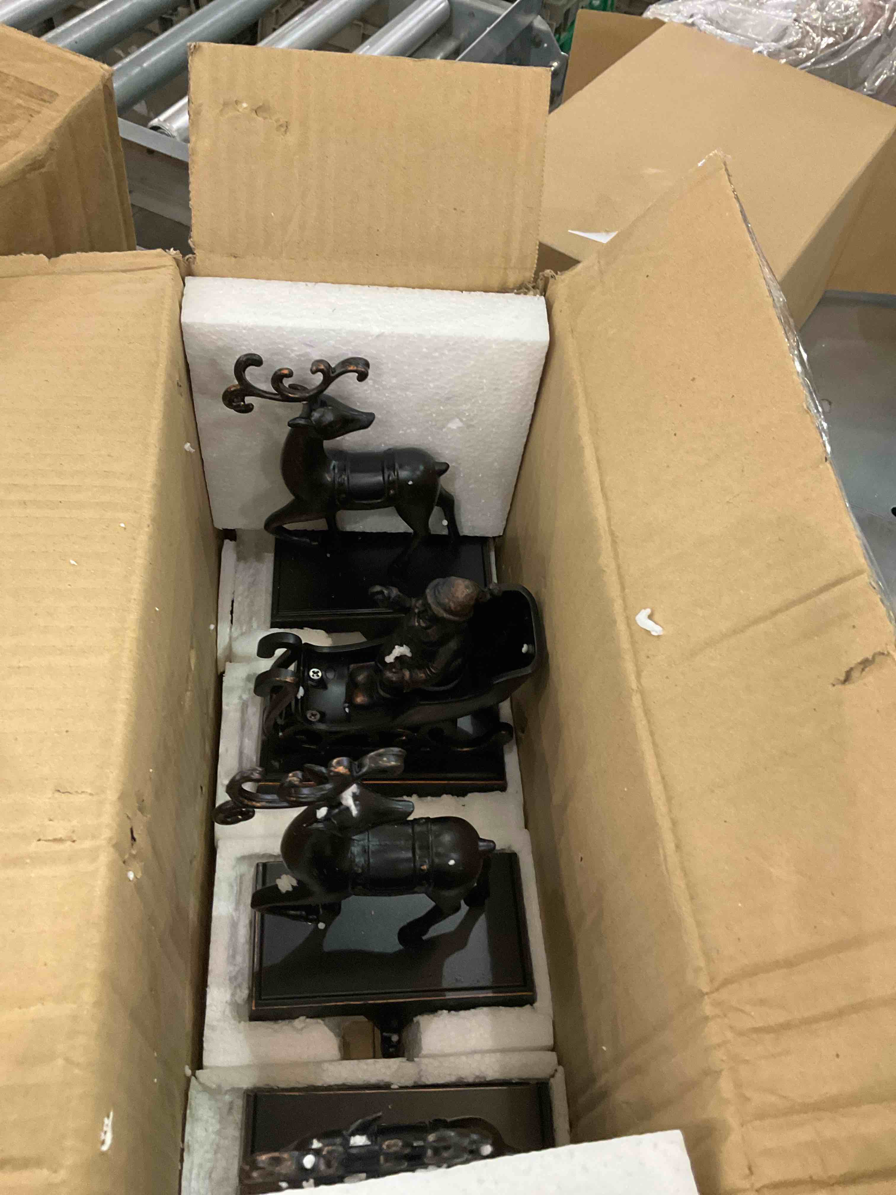 Benzoyl Christmas Stocking Holders, Santa Sleigh and Reindeer Mantle Stocking Hangers, Christmas Reindeer Stocking Holders for Fireplace Mantle Decor, Vintage, Set of 4