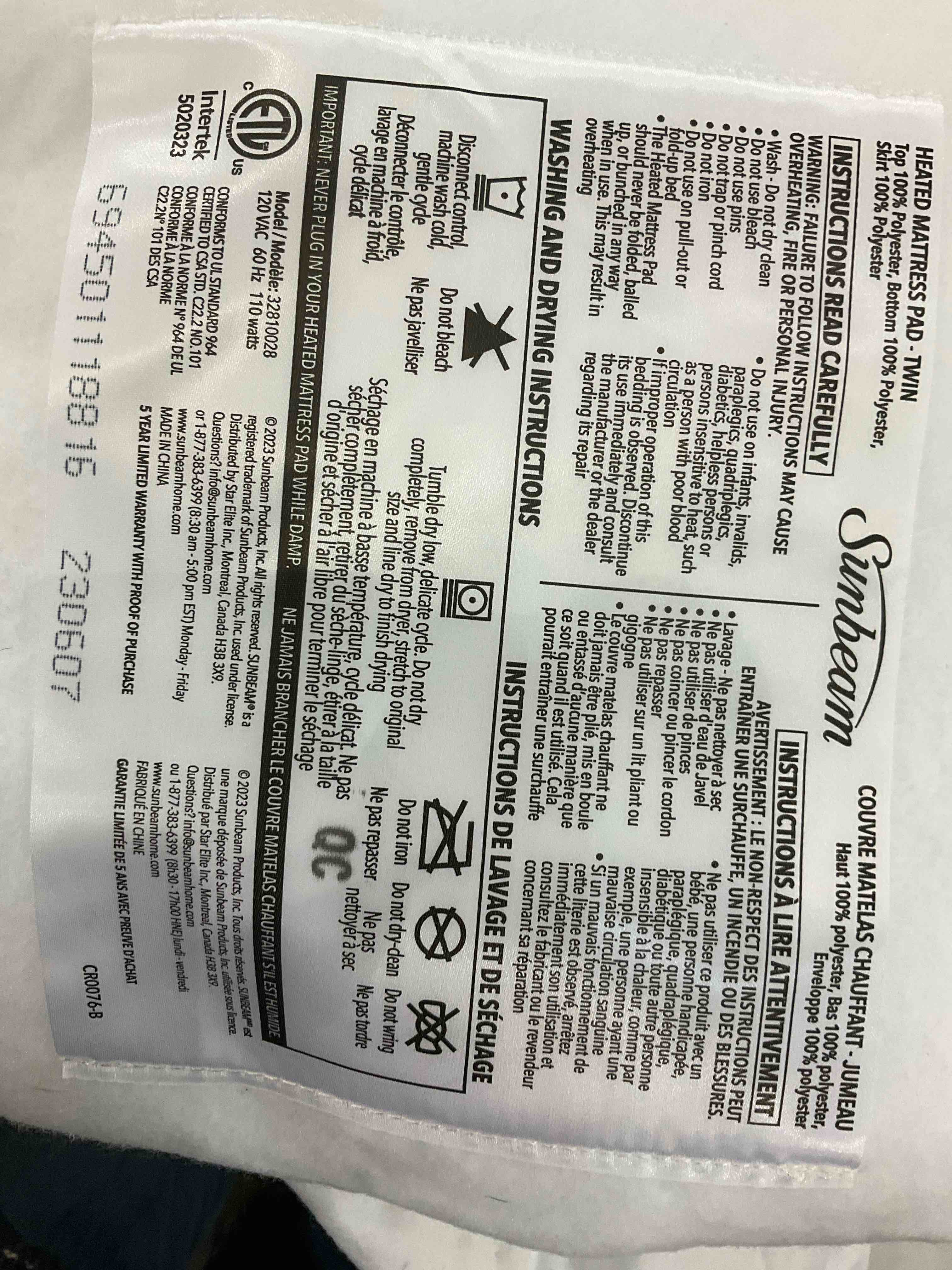 sunbeam heated mattress pad