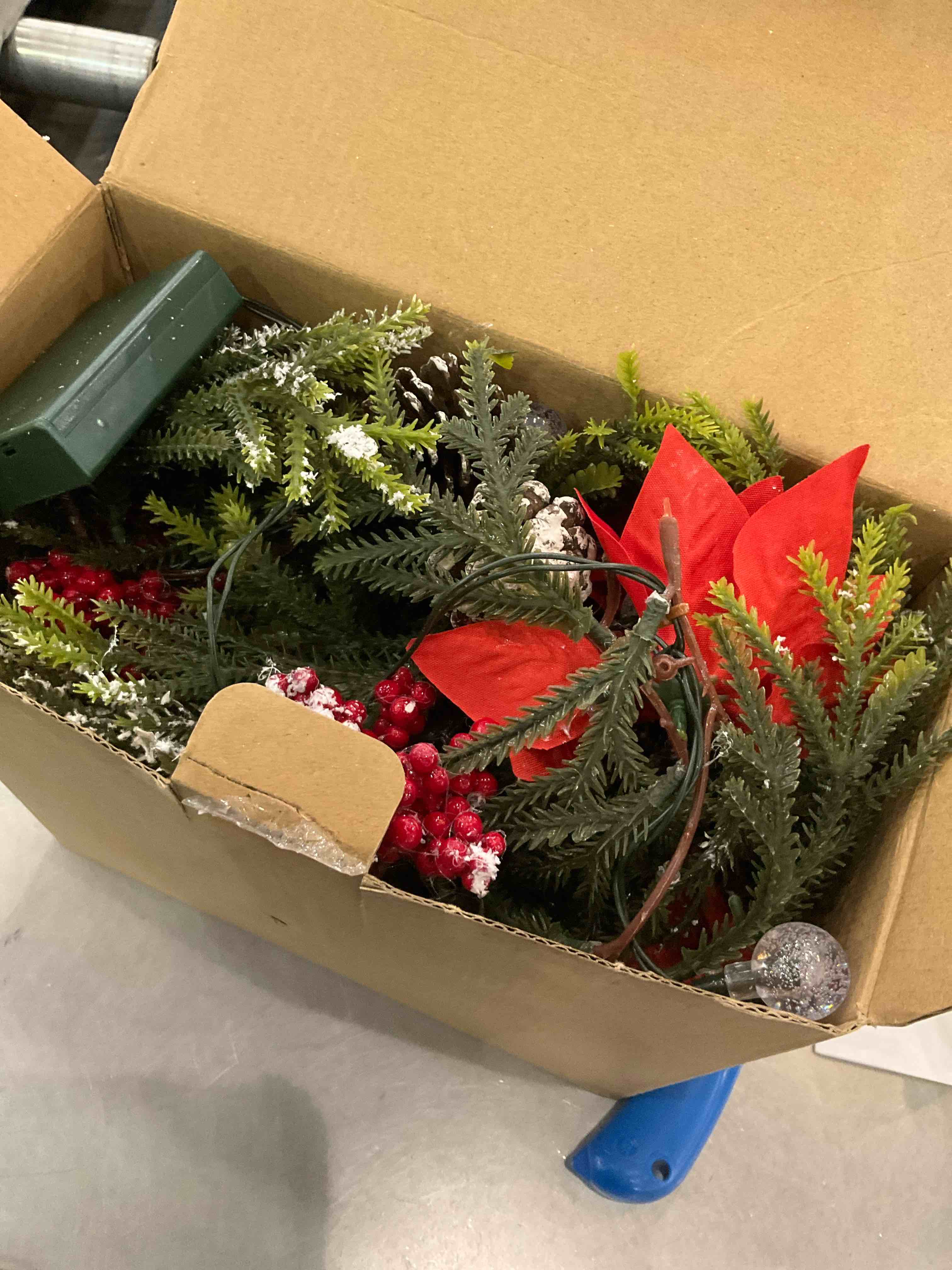 NATITI 8.8 Feet Christmas Garland with Pre-Lit Lights, Artificial Pine Cypress Greenery Garland Red Flowers, Battery Operated, Mantle, Front Door, Stairs Railing Christmas Decorations