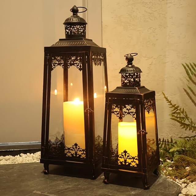 NEEDOMO 2Pack Outdoor Lantern Decorative 17" Black Flameless Candle Holders Decorative for Patio, Metal Frame with Glass, Vintage Farmhouse Front Porch Decor, Garden, Pathway, Balcony, Yard Decor