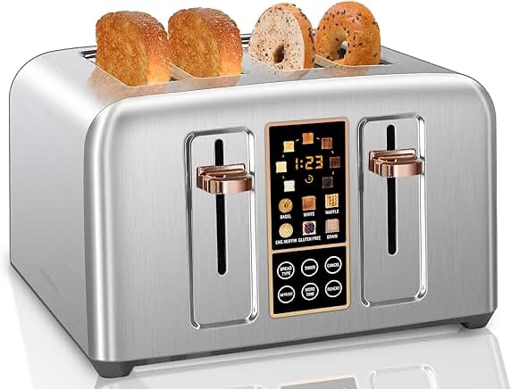 SEEDEEM Toaster 4 Slice, Stainless Steel Bread Toaster with LCD Display and Touch Buttons, 6 Bread Selection, 7 Shade Settings, 1.5''Extra Wide Slots Toaster with Cancel/Defrost/Reheat, Removable Crumb Tray, 1800W, Dark Metallic