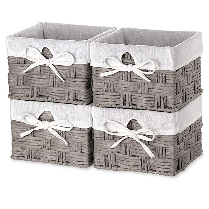 EZOWare Woven Paper Rope Storage Nest Baskets, Set of 4 Square Shelf Organizer Container Box Bins with Liner - Gray ( 7 x 7 x 5 inches)