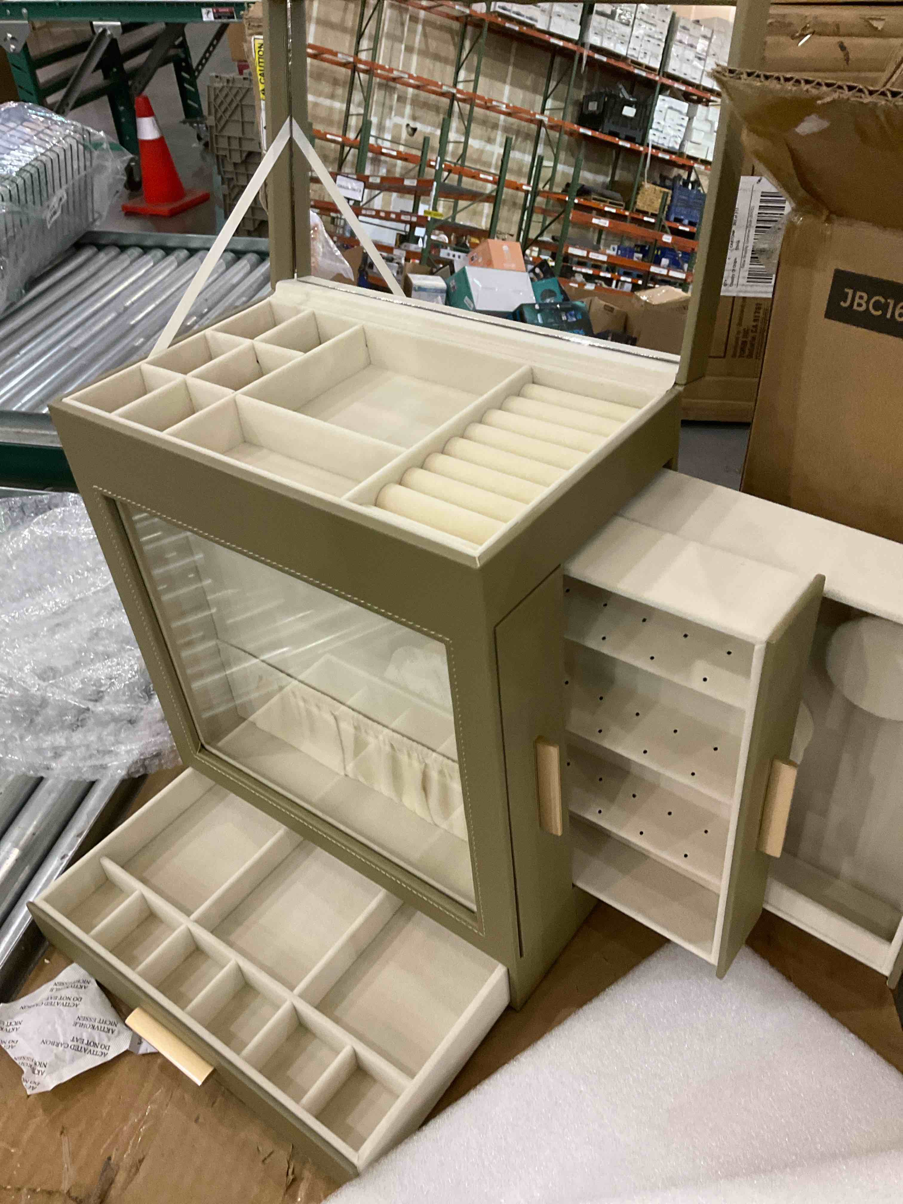 SONGMICS Jewelry Box with Glass Window, 5-Layer Jewelry Organizer with 3 Side Drawers, Jewelry Storage, with Big Mirror, 6.1 x 10.3 x 12.6 Inches, Christmas Gifts, Laurel Green and Metallic Gold