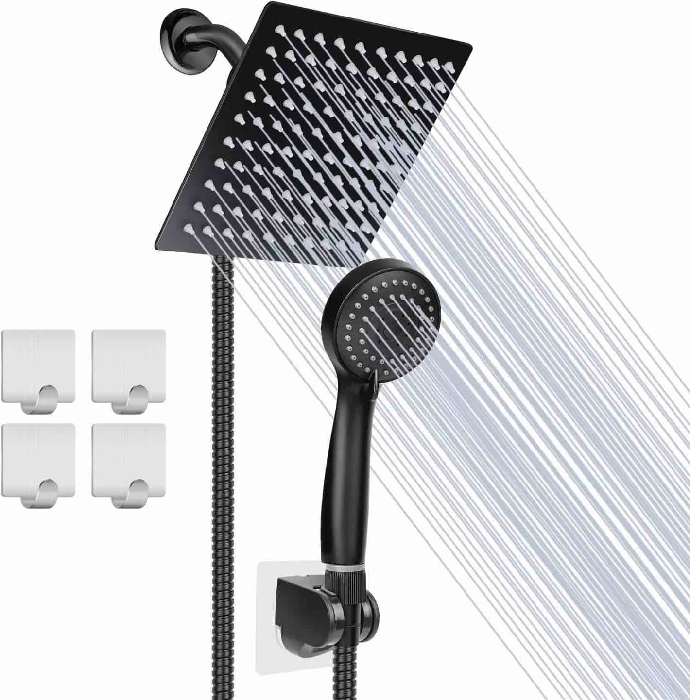 Taiker Shower Head, High Pressure 8'' Rainfall Stainless Steel Shower Head/Handheld Combo with 60'' Hose Anti-leak Shower Head with Holder, Flow Regulator, Chrome, 4 Shower Hooks Black