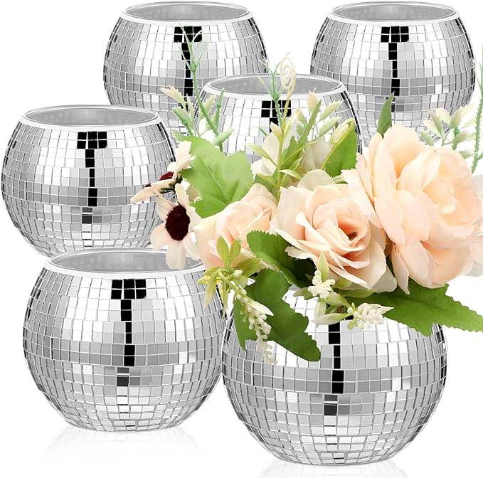 6 Pieces Disco Ball Flower Vase Mirror Disco Ball Glass Vase Disco Ball Planter Candle Holder Glass Vase Bulk for Wedding Centerpieces Bedroom Kitchen Office Decoration Birthday