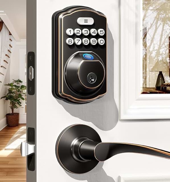 Fingerprint Door Lock, Veise Keyless Entry Door Lock, Electronic Keypad Deadbolt with Lever Handle & Keyed Entry, Auto Lock, Code Door Lock, Front Door Handle Sets, Easy Installation Design 