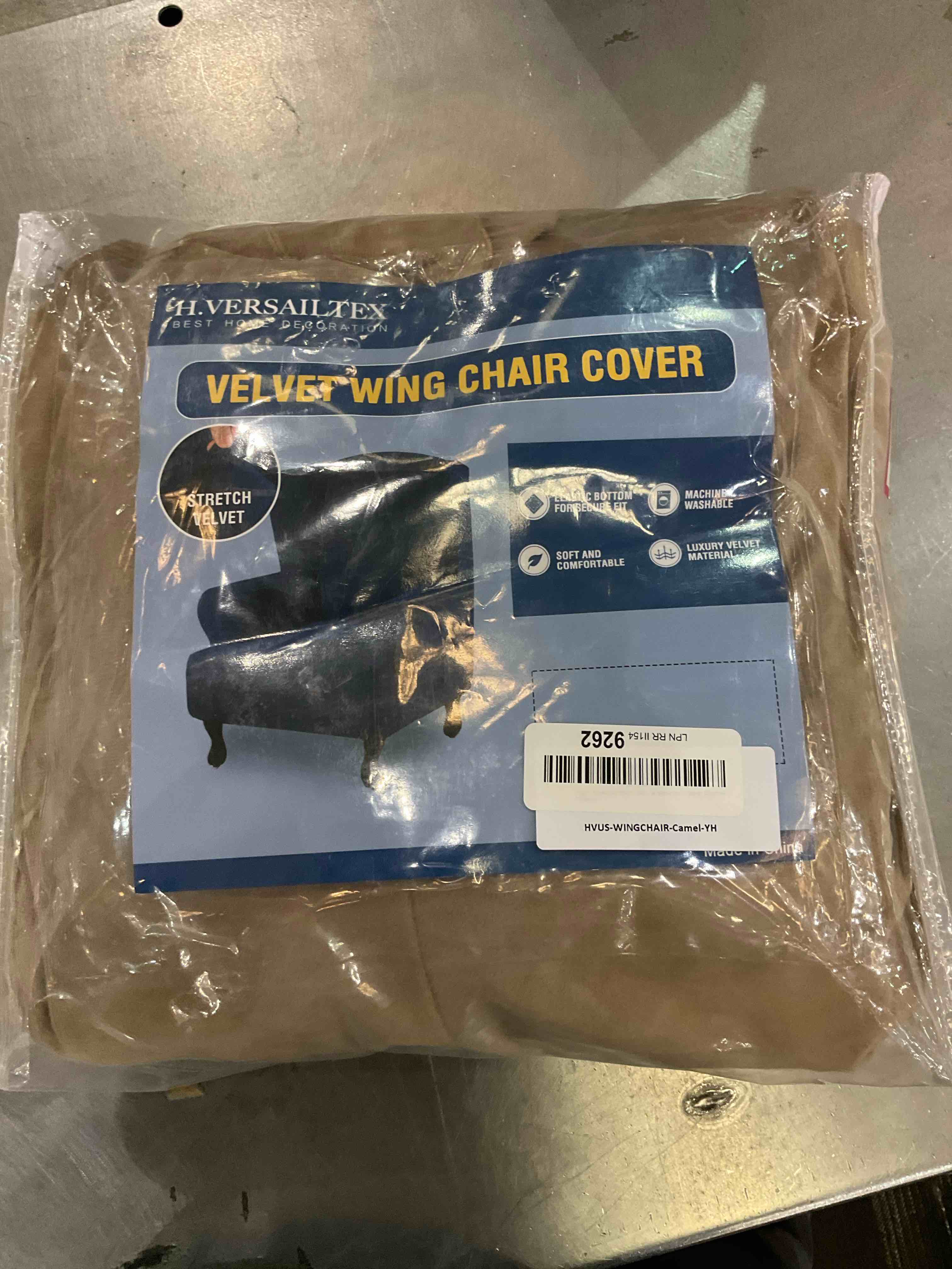 H.VERSAILTEX High Stretch Rich Velvet Plush Sofa Cover/Wing Chair Slipcover 1 Piece Wing Back Arm Chair Furniture Cover Slipcover with Elastic Bottom, Machine Washable Stay in Place, Camel