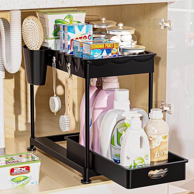 NUTSAAKK 2 Tier Under Sink Organizers and Storage, Upgraded Bathroom Organizer Under Sink, Kitchen Cabinet Organizer with Sliding Drawer, Kitchen Sink Organizer Black