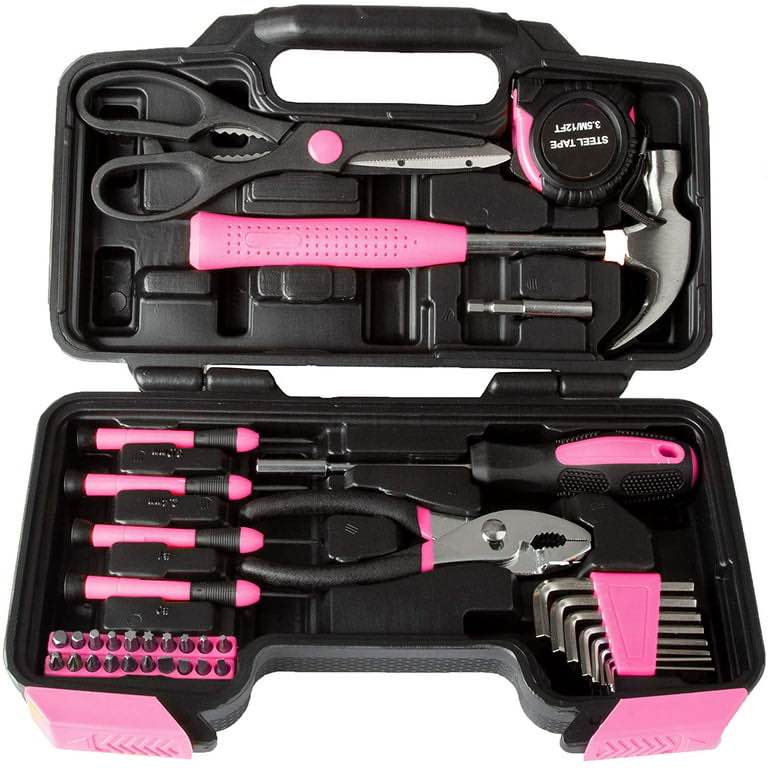 39 Piece Tool Box Kit, Pink - Small Basic Home Tool Set - Great for College Students, Household Use