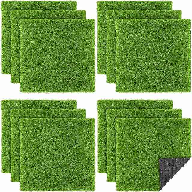 TURSTIN 12 Pieces Artificial Grass Mat Square 12 x 12 Inch Fake Turf Patch Indoor Outdoor Garden Lawn Patio Balcony Synthetic Turf Mat Realistic Grass Rug for Crafts Miniature Garden DIY, Grass Green