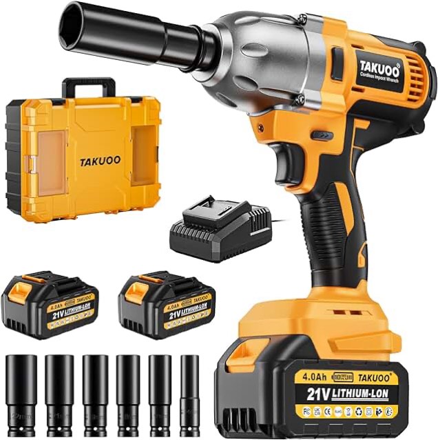 Takuoo 850 N.m Cordless impact wrench,1/2 inch Brushless Impact Wrench,Max Torque (850N.m) 640Ft-lbs electric wrench with 2pcs 4000mAh Li-ion batteries.6 Sockets Power Impact Driver for Car Pipickup