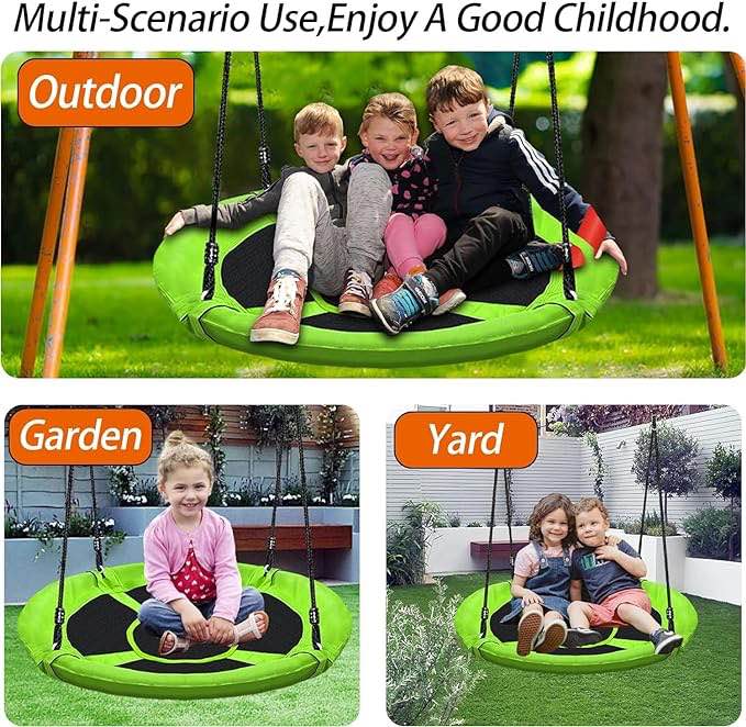 Hisecome 40 Inch Saucer Tree Swing Set for Kids & Adults, Adjustable Swing Sets for Backyard or Outdoor Playground 900D Oxford Fabric,Heavy Duty Round Swing Green & Black