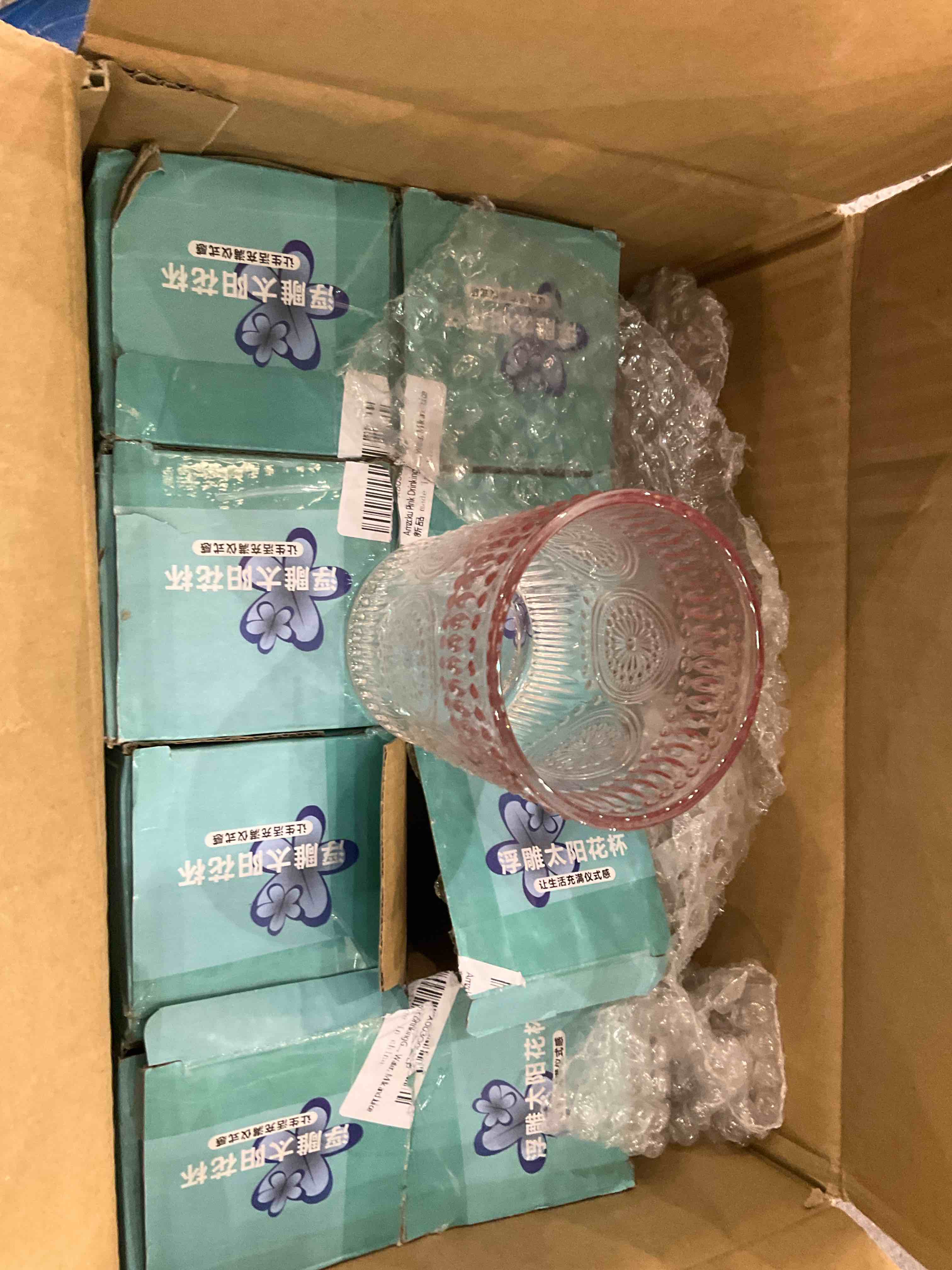 Vintage Glassware Romantic Drinking Glasses - 12 OZ Pink Glassware Embossed Glasses Drinking Set of 6 - Perfect Glass cups for Coffee, Cocktails, and Beverages, Dishwasher Safe, Ideal for Gifting