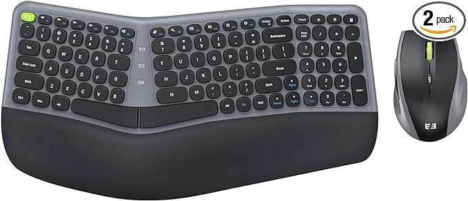 Ergonomic Wireless Keyboard and Mouse Combo - 2.4GHz USB Receiver, Split Keyboard Full Size Layout with Wrist Rest, 3-Level Optical Mouse - Compatible with Windows - Space Gray