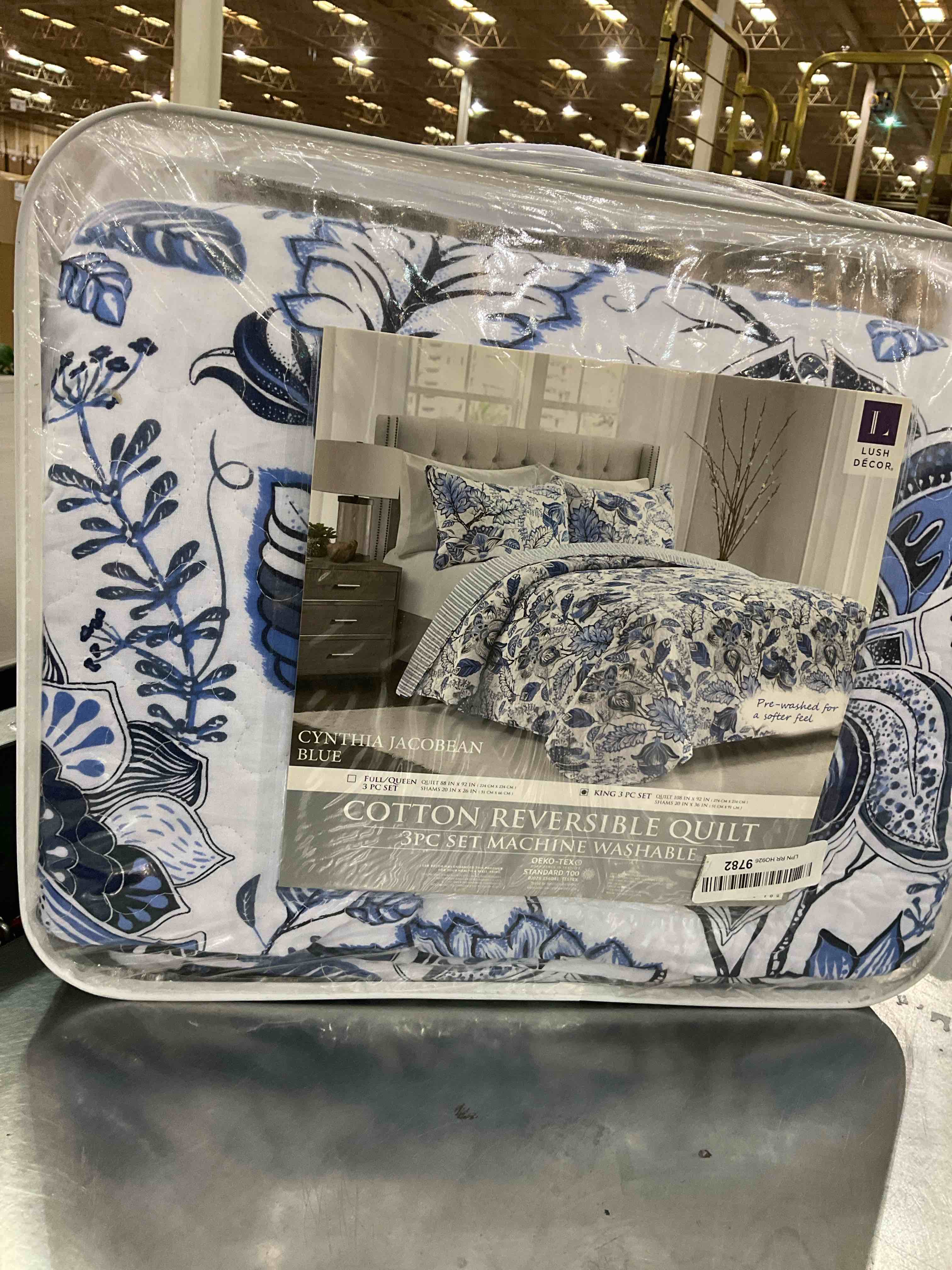 Lush Decor Cynthia Jacobean Quilt 3 Piece Reversible Bedding Set, King, Blue