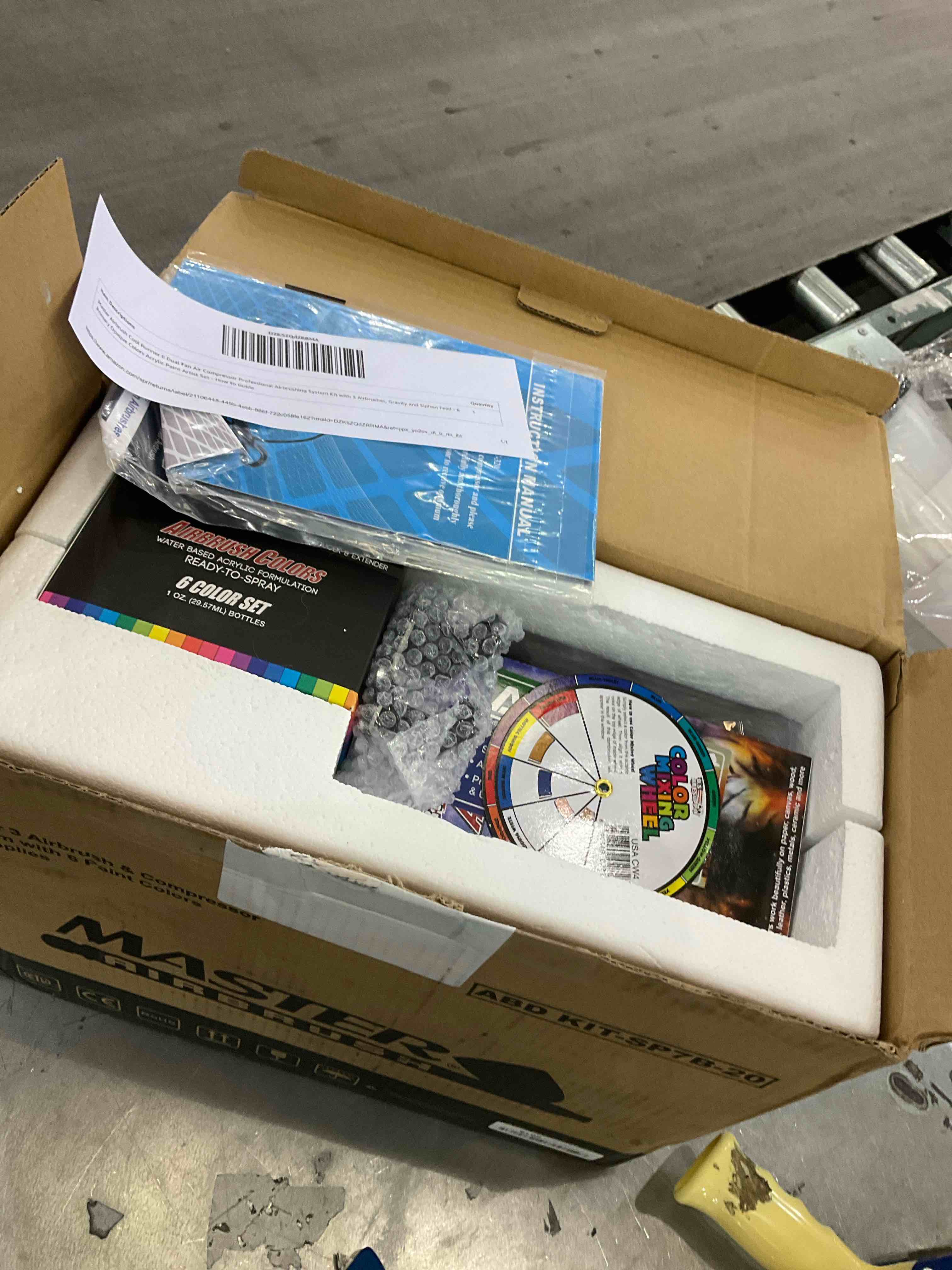 master airbrush and compressor system with 6 paint colors and supplies