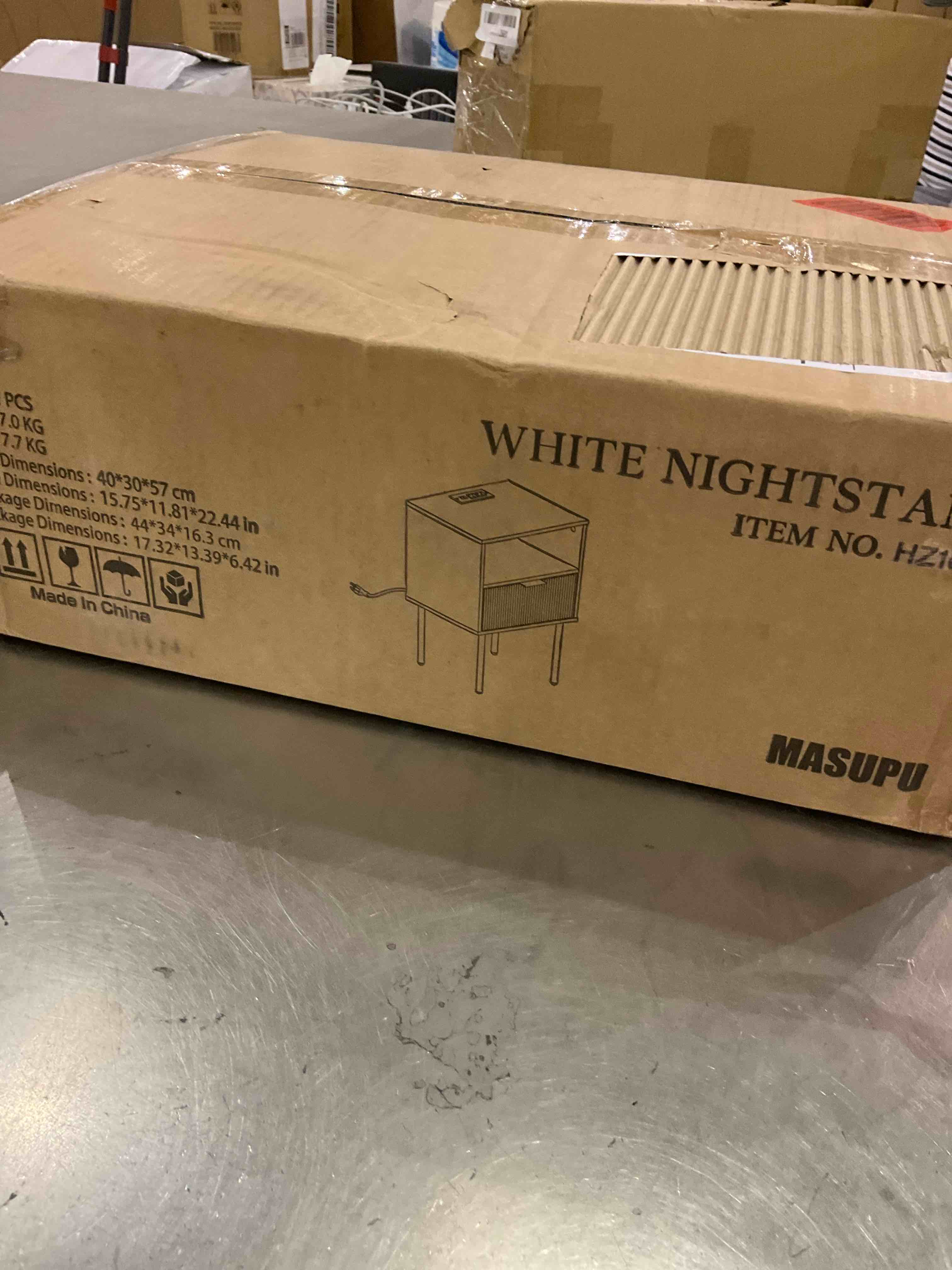 Masupu Nightstand with Charging Station,Mid-Century Modern Bedside Table with Storage Drawer and Open Wood Shelf,Small Gold Frame Side Table for Bedroom,Living Room,White