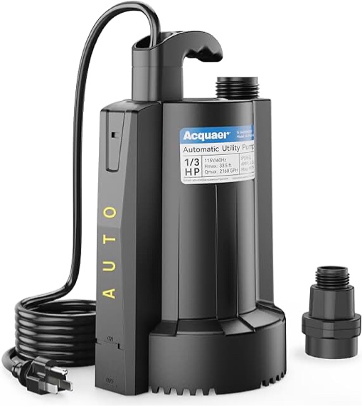 Acquaer 1/3 HP Automatic Submersible Water Pump, 115V Sump Pump with 3/4” Garden Hose Check Valve Adapter,2160 GPH High Flow Water Removal for Swimming Pool Cover Hot Tubs Flooded House Basement