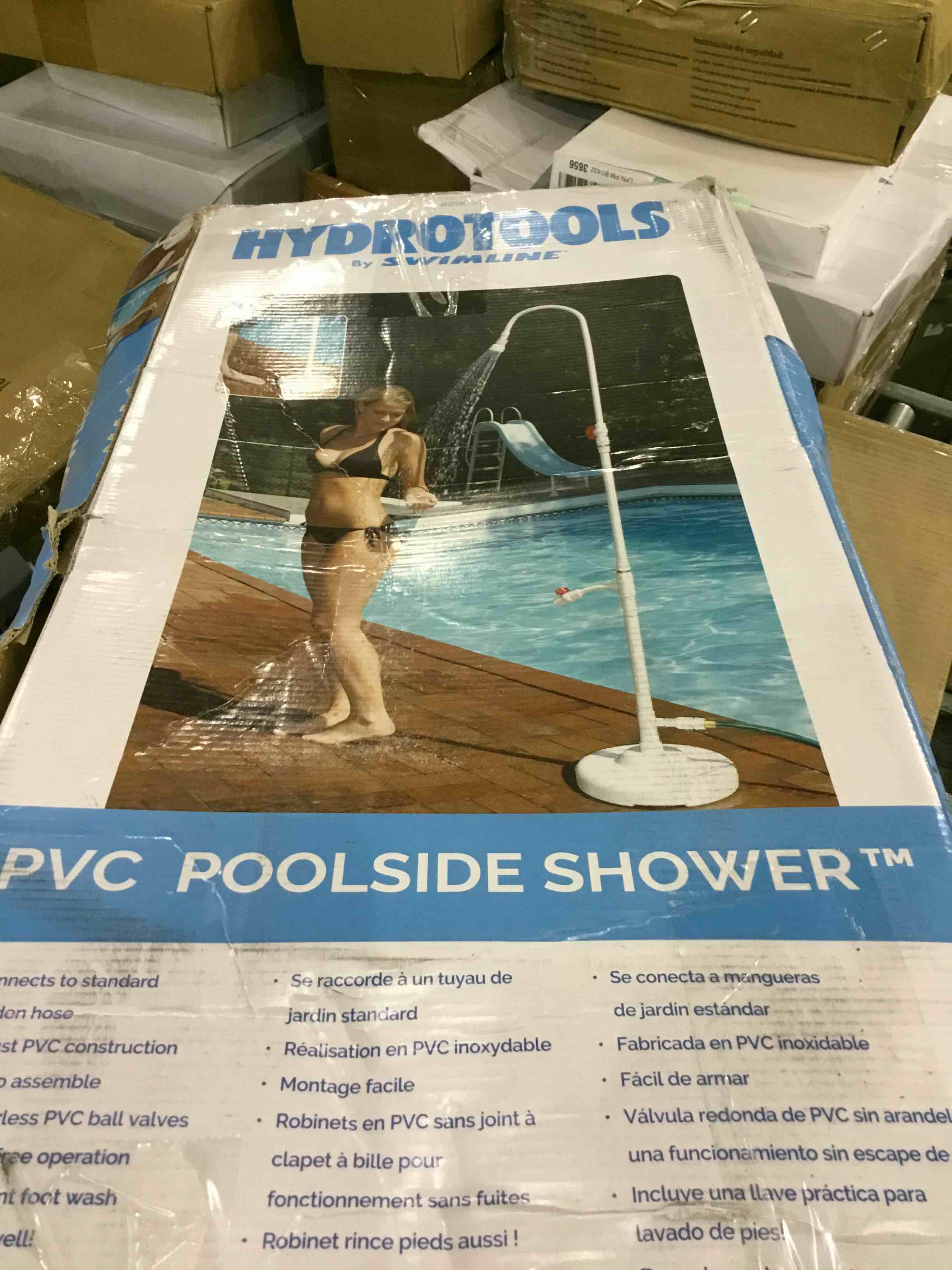 SWIMLINE HYDROTOOLS Tube Style 7 Foot Poolside Shower, Adjustable Head & Foot Tap Spigot With Valve Controls, Standard Garden Hose, Environmentally Friendly, Outdoor Backyard Poolside Beach Spa Outdoor Shower W/ Foot Wash