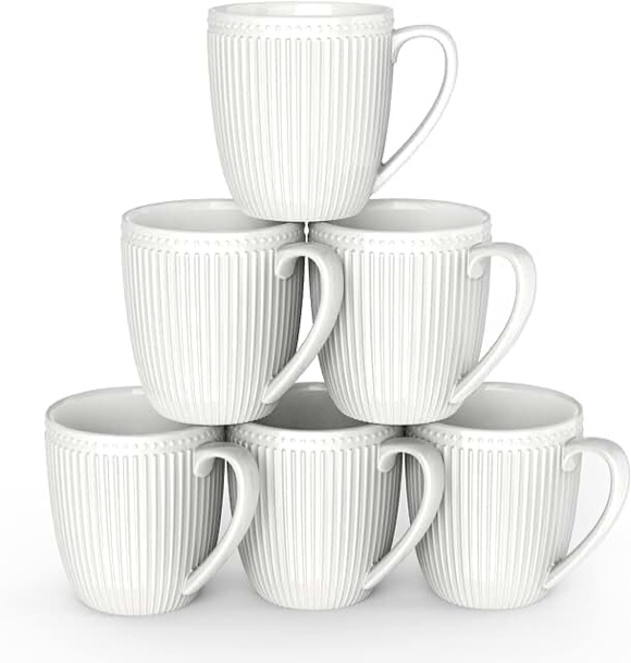 HomeElves Coffee Mugs Set of 6, 16 Oz White Coffee Mugs, Porcelain Mugs, Large and Easy to Grip Mug Sets, Embossed Coffee Cup Set for Coffee, White