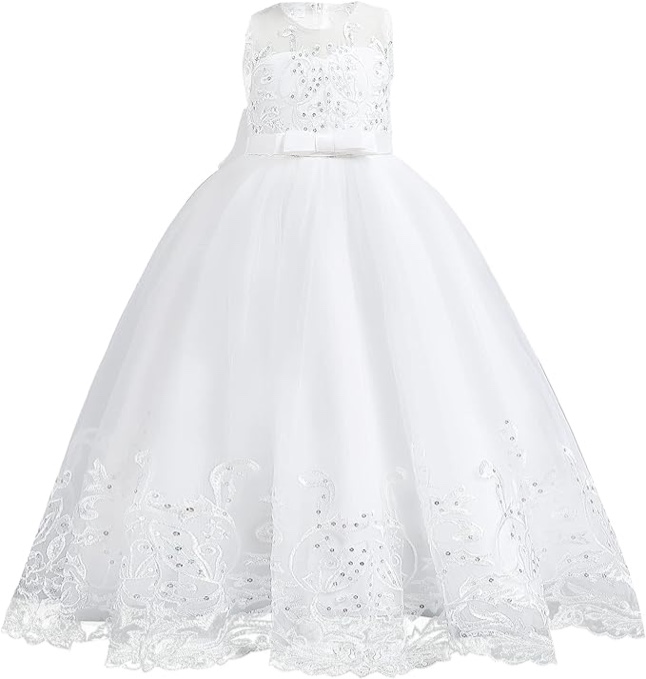 Flower Girl Lace Dress for Kids Wedding Bridesmaid Pageant Party Formal Long Gown Princess Communion Tulle Bow Dresses
