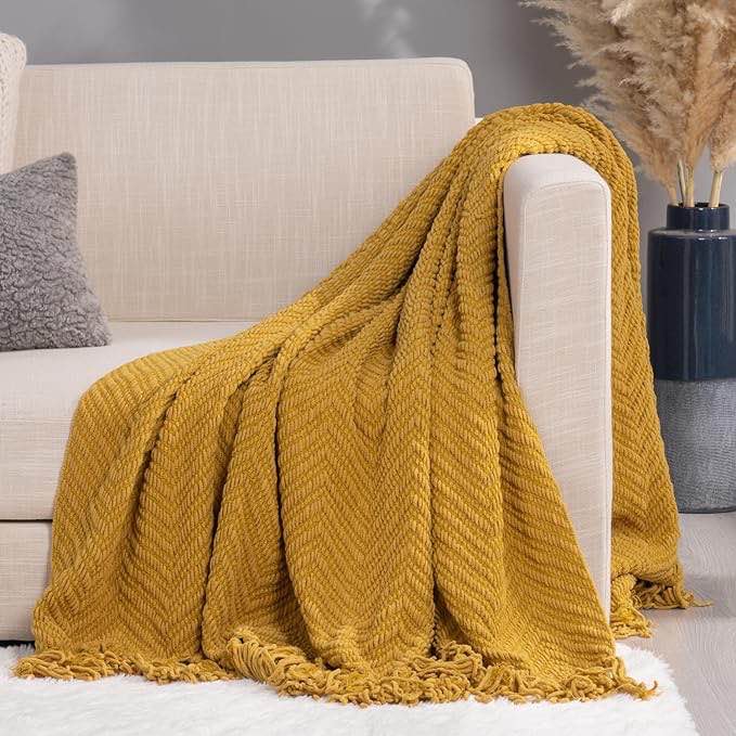 RECYCO Chenille Knit Throw Blanket for Couch, Versatile Decorative Woven Knit Chenille Blanket for Bed, Super Soft Warm & Cozy Knitted Blanket with Tassels for Sofa, Chair. Mustard Yellow, 50"x60"