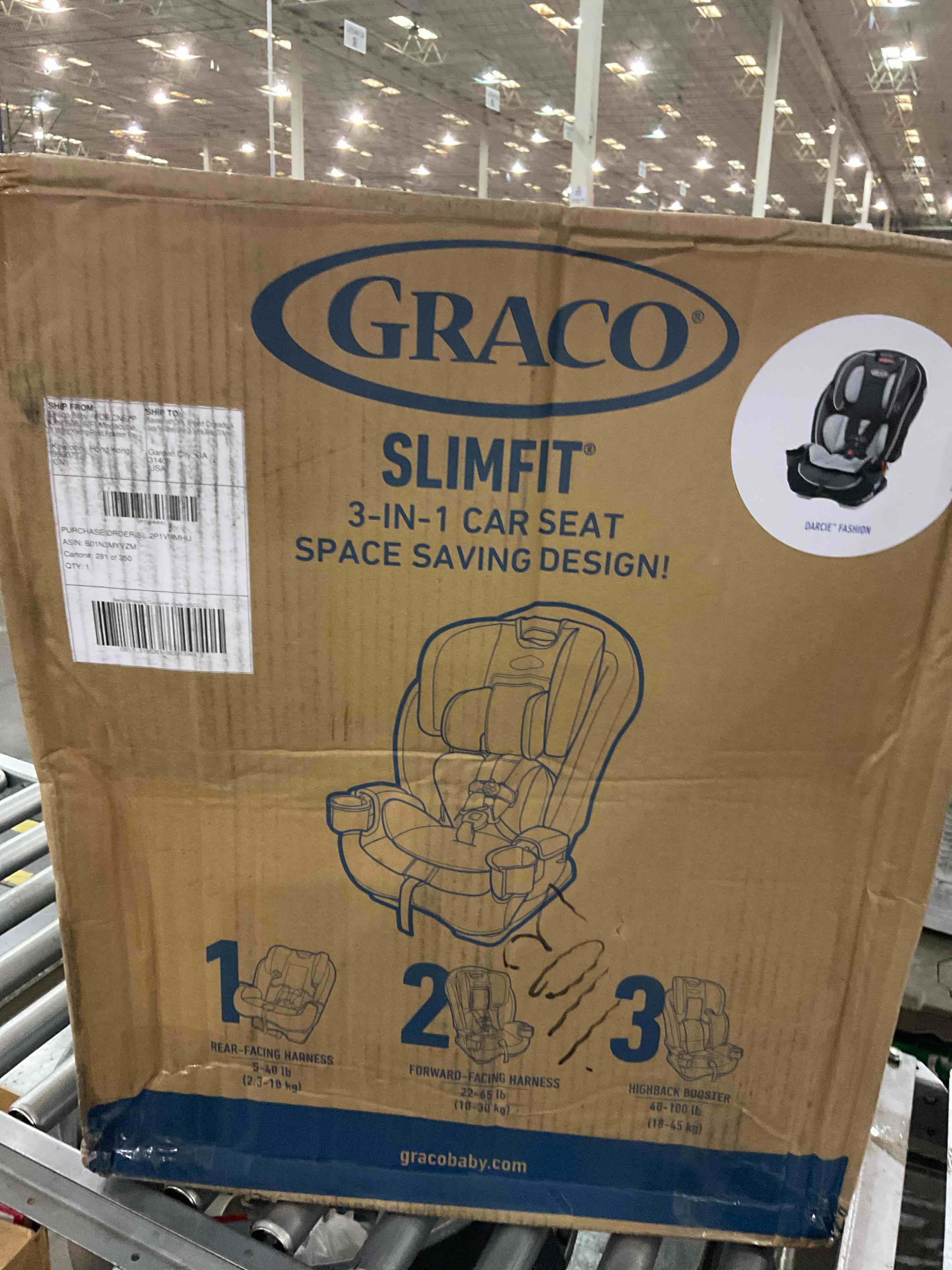 Graco SlimFit 3-in-1 Convertible Car Seat, Ultra-Space-Saving Design, Darcie, Suitable for Rear and Forward-Facing, Highback Booster Seat with 10-Position Headrest