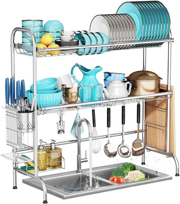 MOUKABAL Over The Sink Dish Drying Rack, Over Sink. Dish Drying Kaur with 2 Tier Utensil Holder,l arge Staihfess Steal Dish Racks for Kitchen Counter(2 Tler Silver)