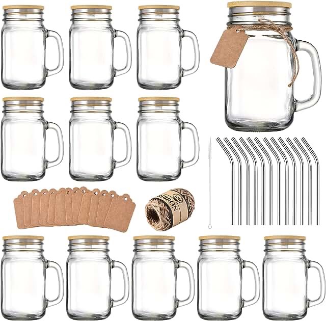 TANGLONG Mason Jar with Lid and Strawï¼ŒMason Jar Cups,Mason Jar Drinking Glasses,16 oz Mason Jars with Handle,Mason Jar Glasses Set of 12