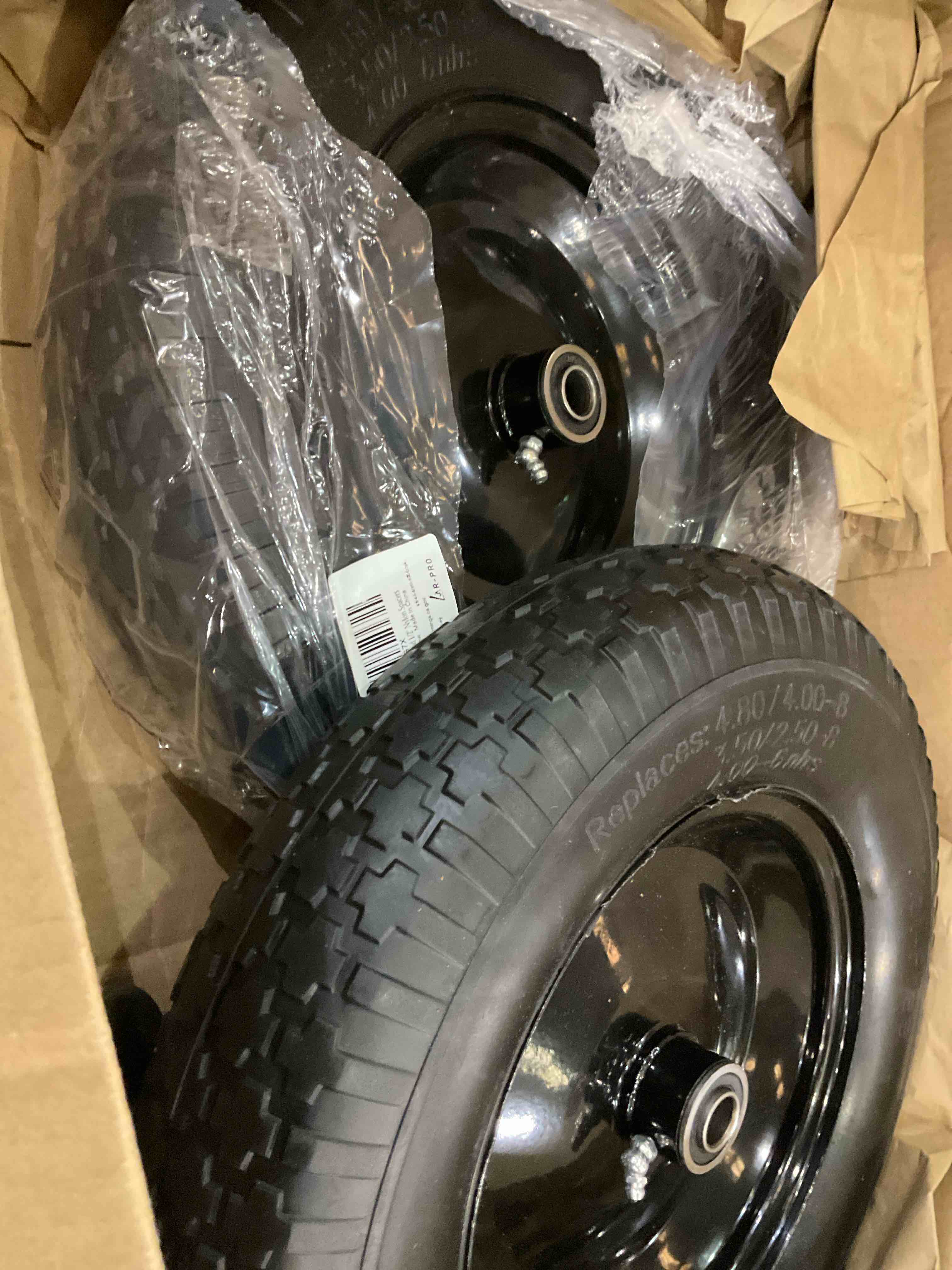 (2-PACK) 4.80/4.00-8" Flat Free Tire and Wheel - Universal Fit 14.5" Solid Wheelbarrow Tires with 3" Hub and 5/8" Bearings â€“ Extra Adapter kit includes 3/4" Ball Bearings, 1" and 1/2" Nylon Spacers