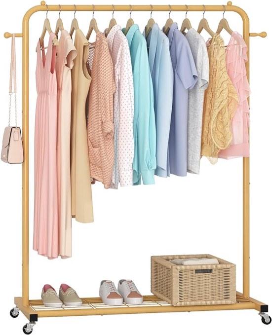 Sywhitta Clothes Rack on wheels, Clothing Rack with Bottom Mesh Storage Shelf,Sturdy Metal Frame,Rolling Garment Rack for Hanging Clothes,Coats,Skirts,39.76" L x 16" W x 64.56" H,Golden
