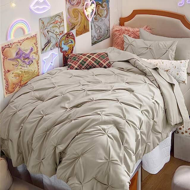 Bedsure Twin Size Comforter Sets - 5 Pieces Pintuck Bed Set Twin Size, Beige Twin Size Bed in A Bag with Comforters, Sheets, Pillowcases & Shams, Kids Bedding Set