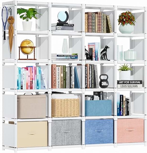 Mavivegue Book Shelf, 20 Cube Storage Organizer, DIY Bookcase, Metal Cube Bookshelf, Tall Book case for Bedroom, Living Room, Office, Closet Storage Organizer, Black Cubicle Storage Rack-White