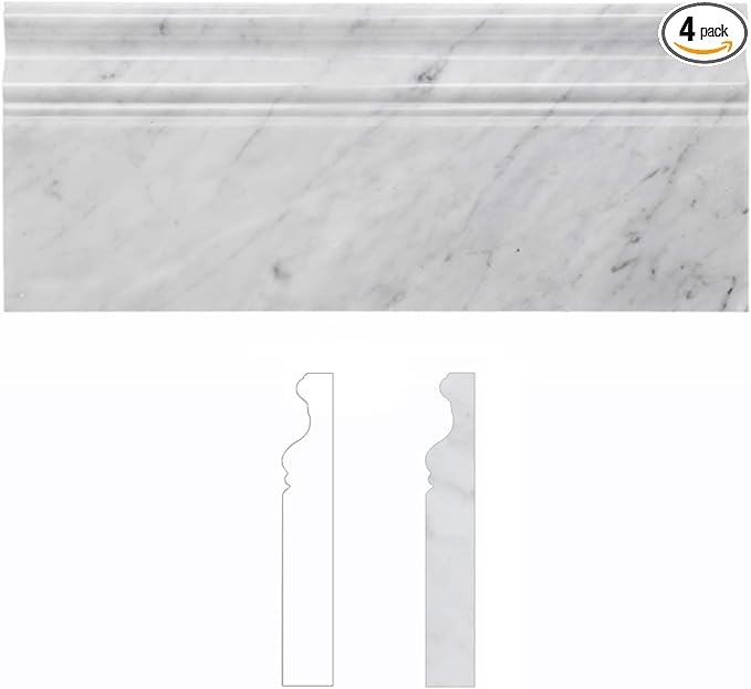Diflart Pack of 4 Carrara White Italian Bianco Carrera Marble 5x12 Baseboard Trim Molding Polished