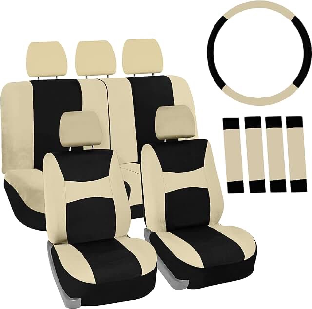 FH Group FB030BEIGEBLACK115-COMBO Universal Fit Beige Black Automotive Seat Covers Combo Set with Steering Wheel Cover and Seat Belt Pad fits most Cars, SUVs, and Trucks (Airbag Compatible and Split Bench)