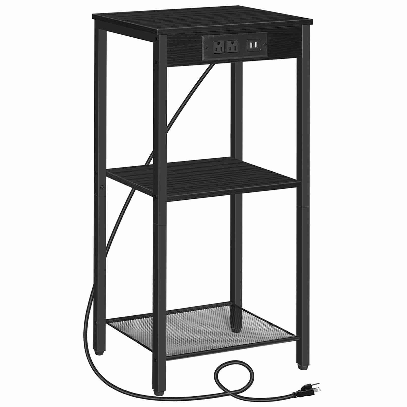 HOOBRO Tall End Table with Charging Station and USB Ports, 3-Tier Telephone Table, Small Entryway Table, Narrow Nightstand for Small Space in Living Room, Bedroom, Hallway, Black BB09UDH01